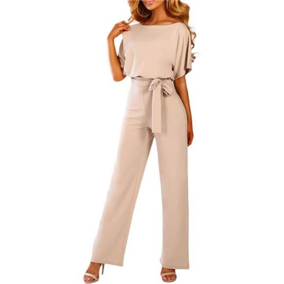 Women Casual Loose Short Sleeve Belted Wide Leg Pant Romper Jumpsuits - Picture 1 of 7